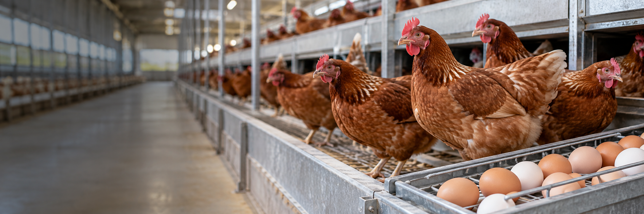 Laying hens and collected eggs in a commercial poultry house